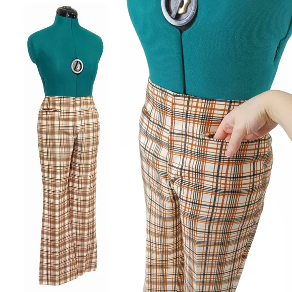 1960s Levi's for Gals Pants 1970s Bootcut Flare Trousers Plaid Brown Mid Rise - Picture 7 of 9